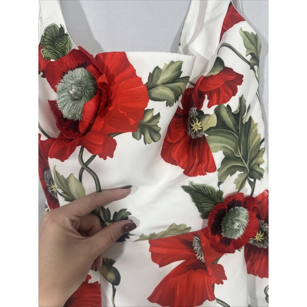 NWD $6000 Oscar de la Renta [ 10‎ ] Poppies Floral Scoop Midi Dress White Red - Picture 14 of 16